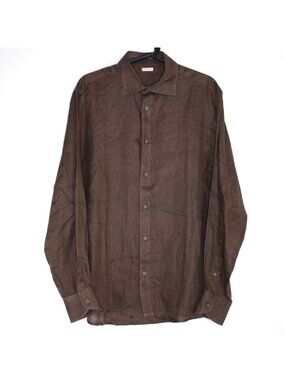 Doppelganger Mens Medium Linen Brown Button Up Shirt H1030
